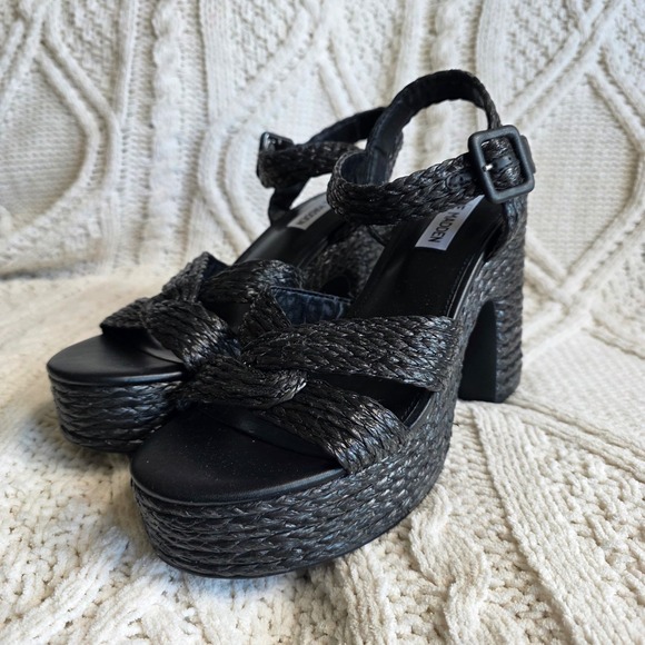 Steve Madden Carisma Black Woven Platform Block Heel Ankle Strap‎ Sandals Sz 8.5 - Picture 1 of 5